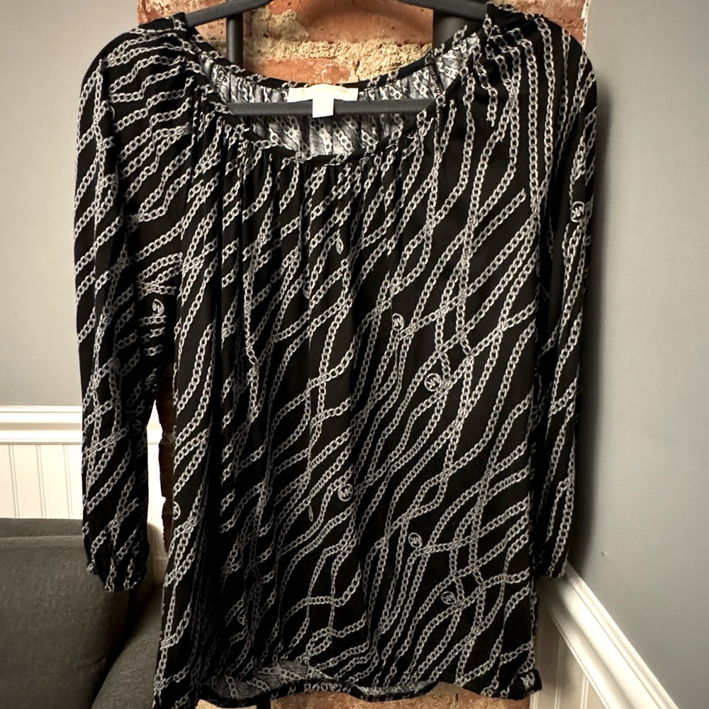 Michael Kors Black Silver Chain Link MK Logo Blouse 3/4 Sleeve Shirt Size Medium